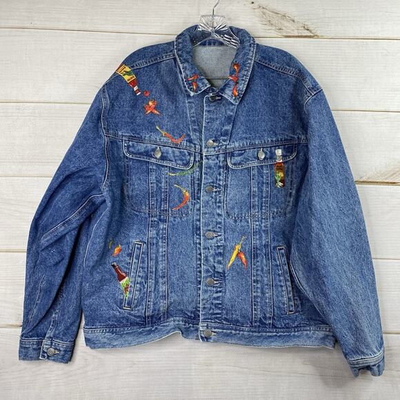 Todays News Mens Jacket XL Dark Wash Hot Sauce Chile Pepper 90's Trucker Blue - Picture 1 of 13
